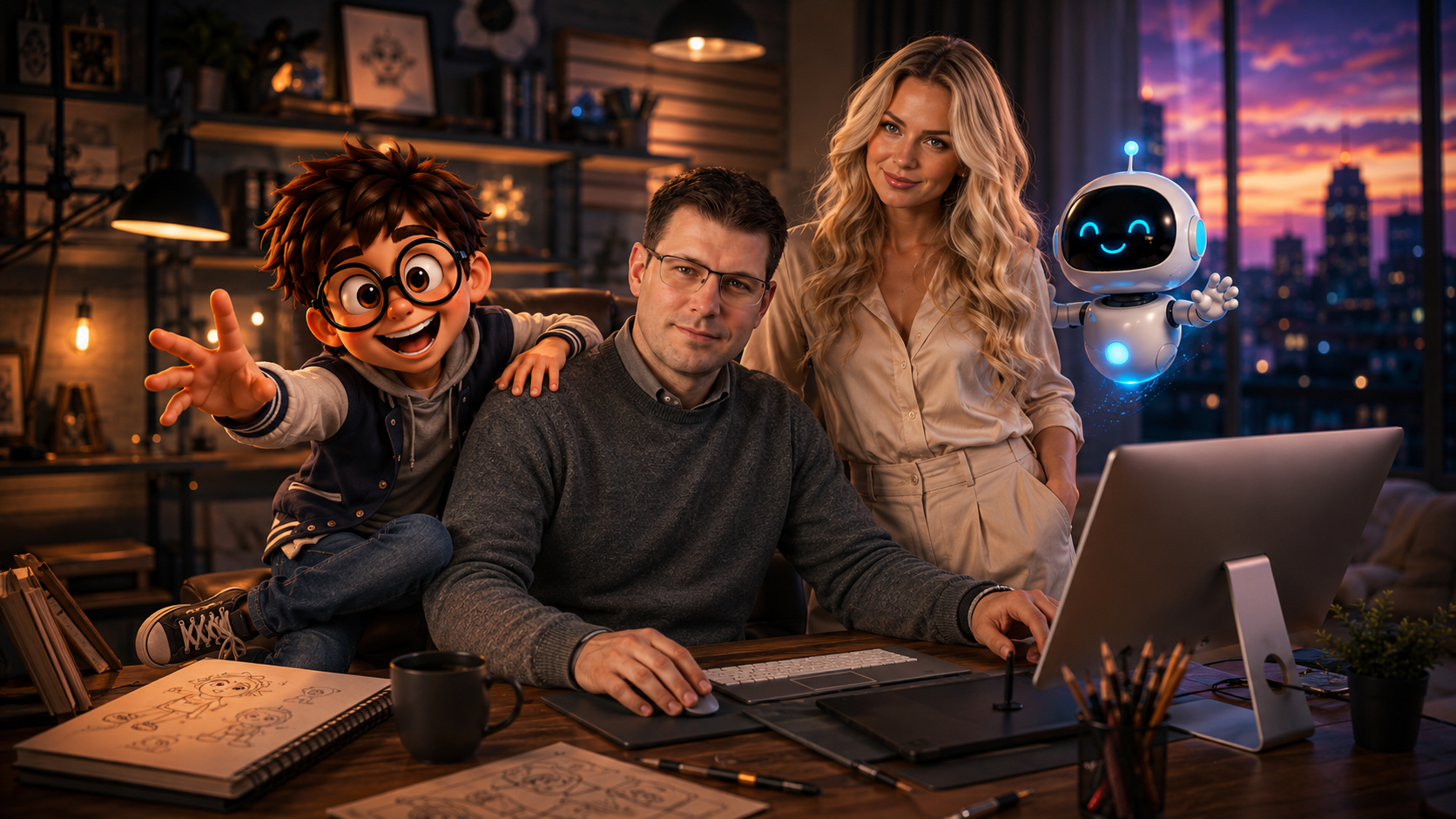 Michael met familie en Mikey, de maker achter PixelScape Animation